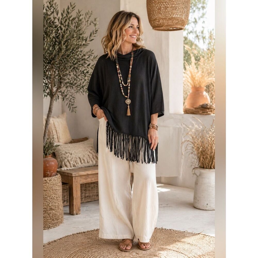 Terre Bleue Dark Green Fringe Women's Sweater